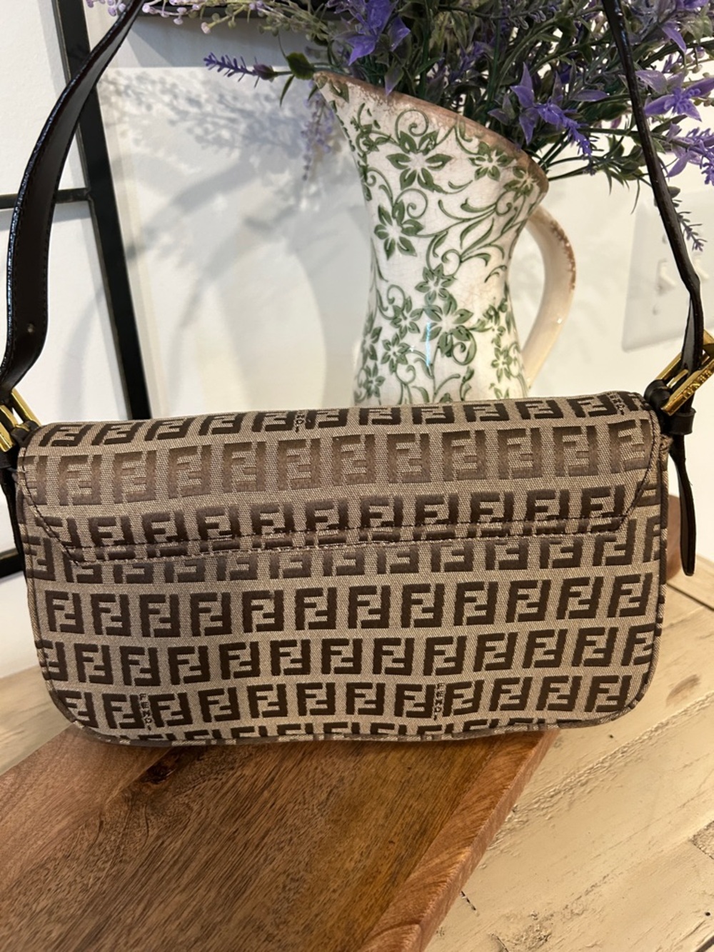 Fendi Brown FF Logo Jacquard Shoulder Bag with Black Strap - Picture 6 of 6
